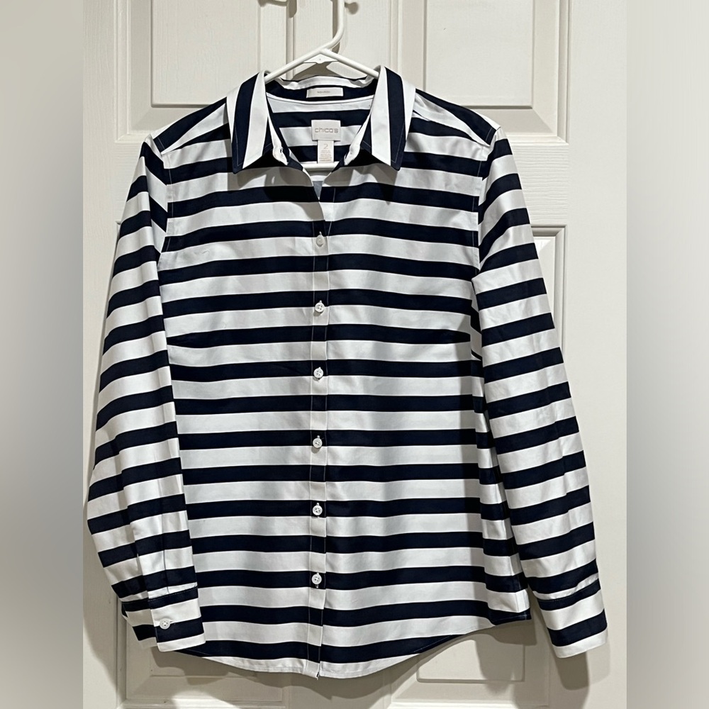 Chico's Navy & White LONG SLEEVE BUTTON DOWN Striped Top/SHIRT WOMEN SIZE 12–L